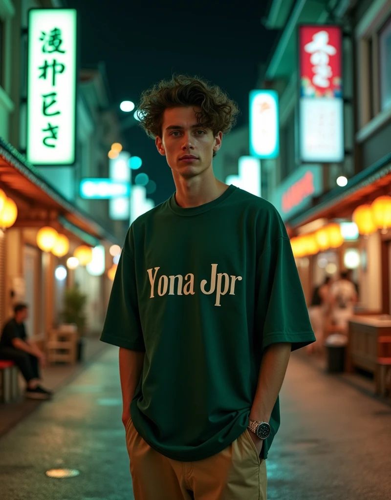 Adult male with curly hair, wearing a dark green oversized shirt that says Yona Jpr, Beige pants. A street in Japan in the background. At night, everything is dark green