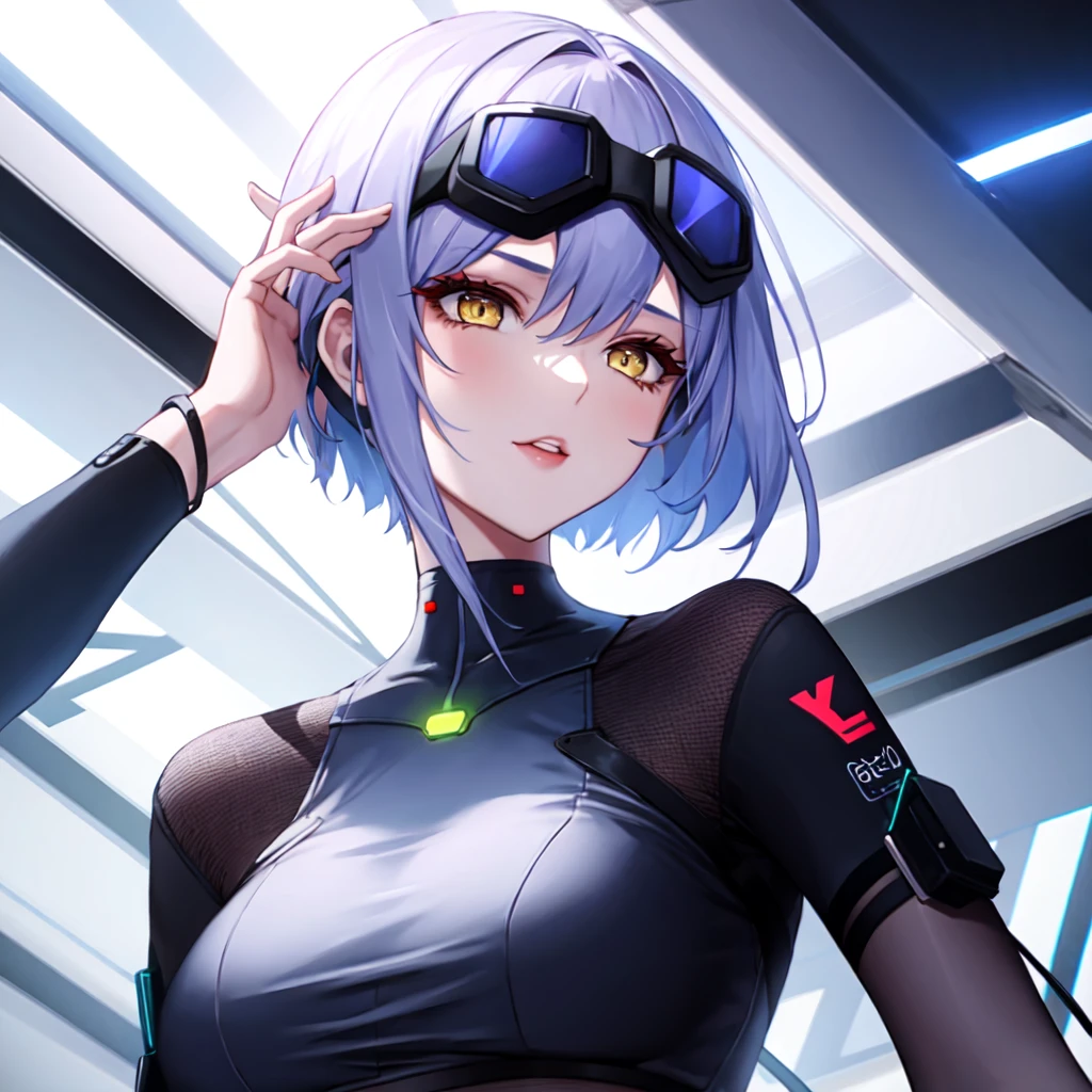 1 girl, yellow eyes, short hair, whole body, Portrait of a stylish 20 yo woman software engineer, ((wearing smart Futuristic AR goggles)), white Futuristic clothing with blue and red accent colors