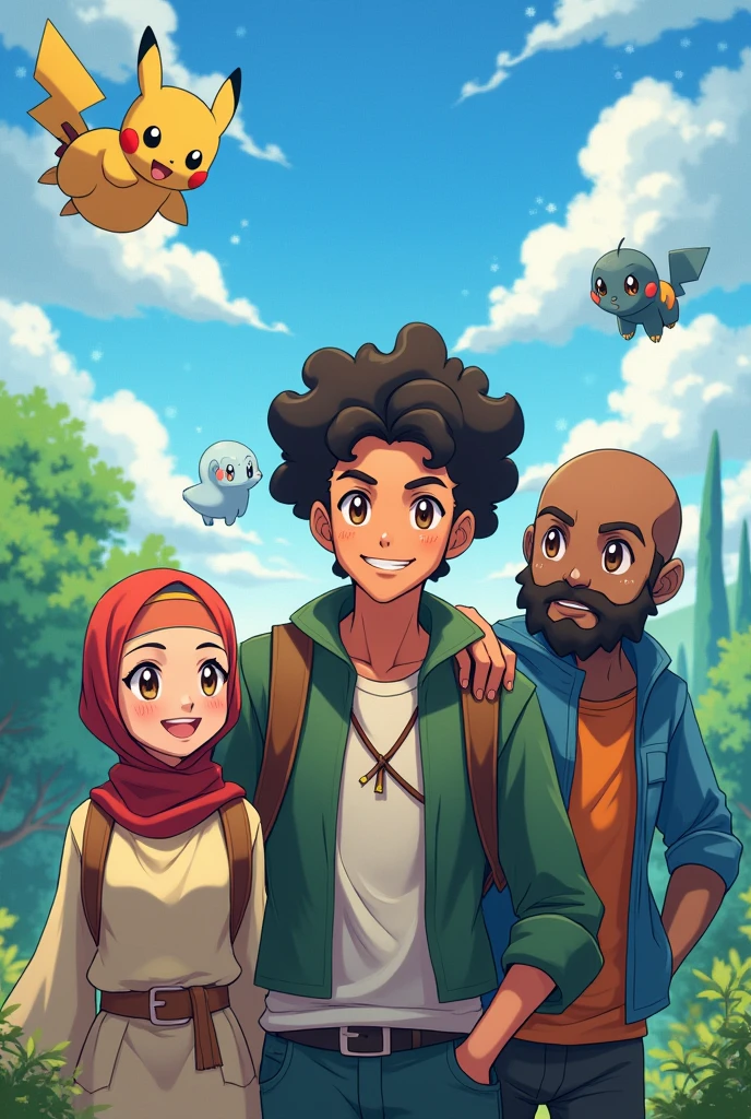 3 friends, 1 Frau, 2 men,
Everyone is a Pokemon trainer, the woman has light skin and hijab with long clothes and brown eyes A man has curly black hair with a full beard and brown eyes and tanned skin The other man has a bald head with a slightly red full beard and light skin with brown eyes