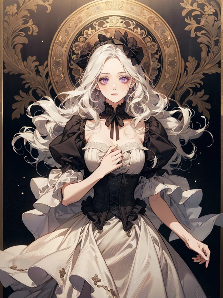 ((Highest quality)), ((masterpiece)), (detailed),White Hair、Super Long Hair、Strong curly hair、curly hair、Violet eyes、Beauty、Noble daughter、Dainty dresses、elegant、Victorian、beautiful girl、clear、No bangs