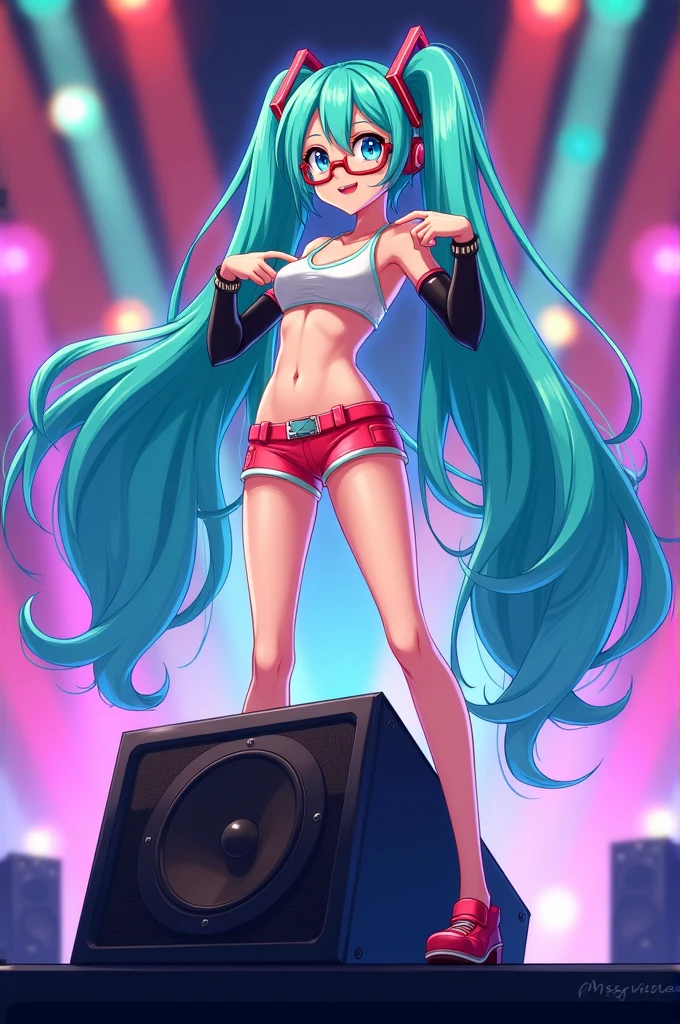 Hatsune Miku with a top and Brazilian shorts pointing to her top, that they have glasses and are in cartoon style on top of a speaker