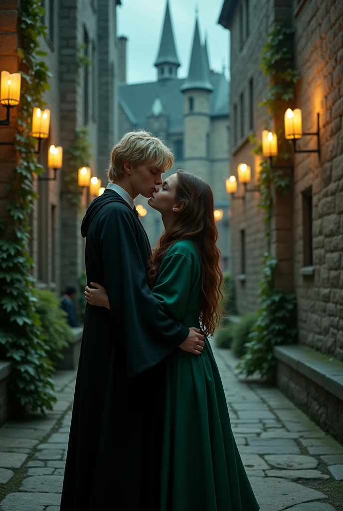 A girl with hair, chestnuts, lisses et mi-longs embrassant Draco Malfoy.