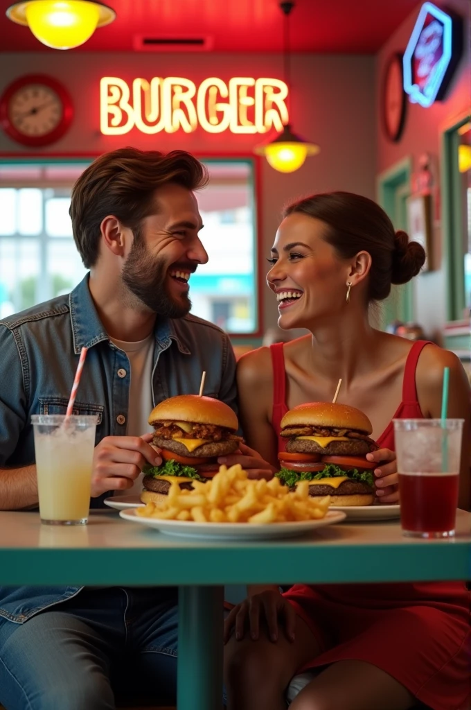 Create an image of a couple eating hamburger, fries and soda at a retro burger joint, happy in a pleasant environment