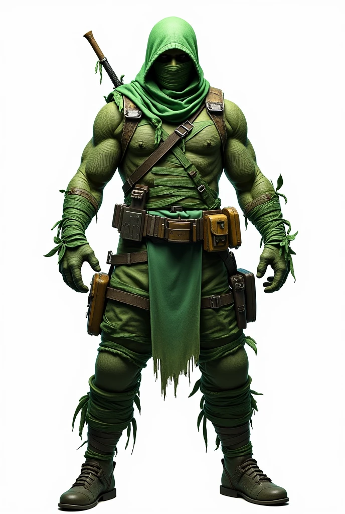 Game character dressed as a green mummy in PUBG style, White background, Whole body