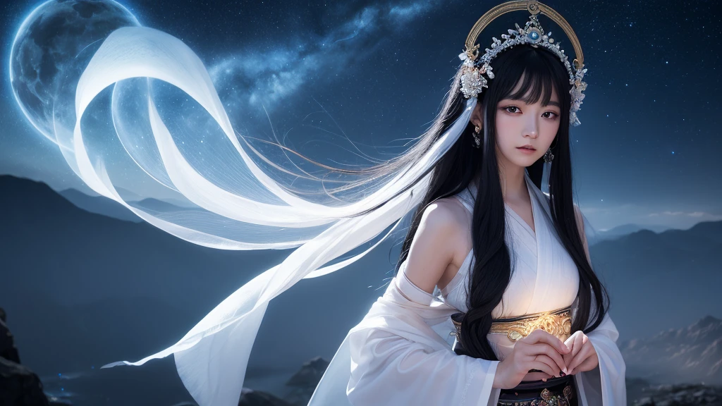 A delicate and lovely ancient goddess with lustrous black hair. She is wearing a white and  miko wear  and a traditional hair mixture. The background is a fantastic and ethereal night sky, as if possessed by a specter. Her expression is stern and atmospheric.