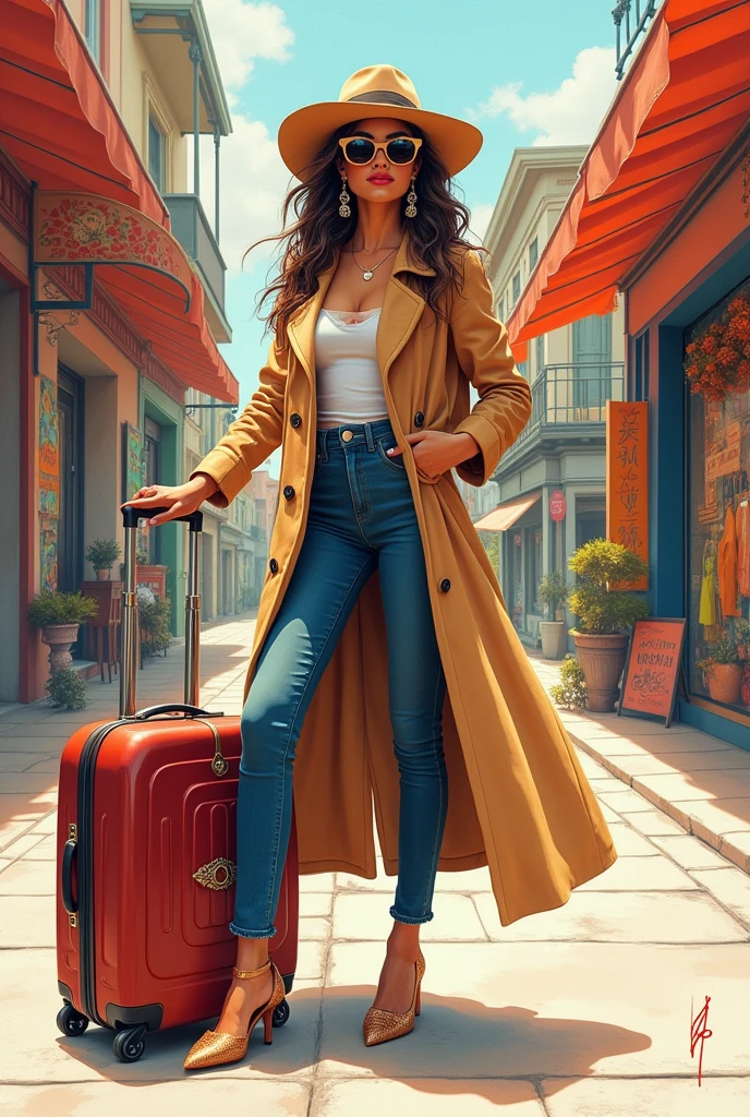 Semi realistic drawing, of a woman stylist, beautiful woman, sunglasses, hat, earrings, long jacket, jeans, with style, suitcase,