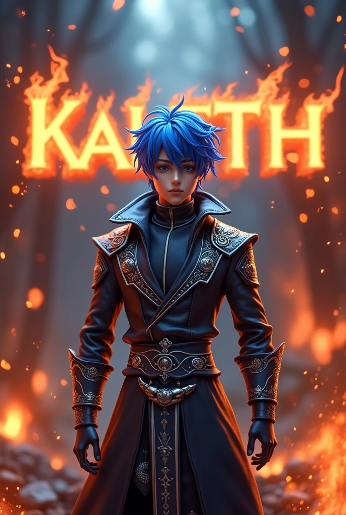 Make me an anime male doll and a background that says Kaleth in 3D and fire letters
