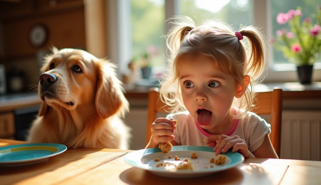 A with a surprised expression, looking down at an empty plate, with crumbs scattered around, a satisfied pet dog sitting nearby, licking its lips."