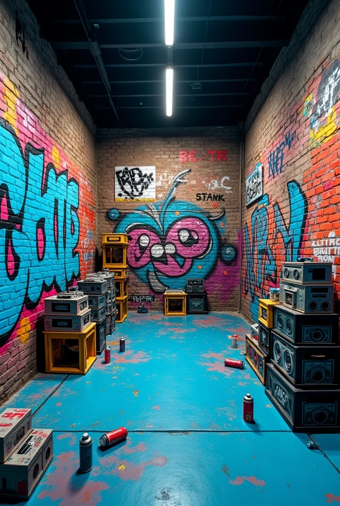 Create a dynamic background for a streetwear clothing store, emphasizing walls covered in vibrant graffiti and elements of hip hop culture. The scene should feature urban textures like brick and concrete, with bold, colorful street art as a focal point. Incorporate details such as boomboxes, spray paint cans, and urban tags to reinforce the hip hop vibe. The overall atmosphere should be edgy and energetic, capturing the essence of street culture, TONS AZUL CLARO E IMAGEM 2048PX2048P