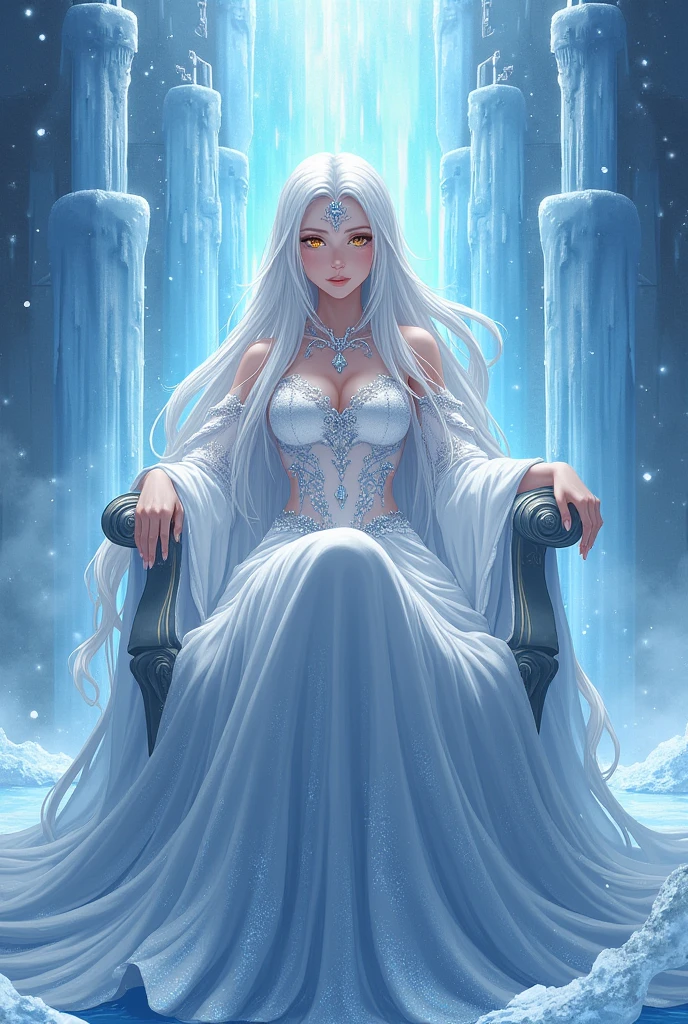 Anime Woman,Full-body anime,Ice Queen,long white hair,golden eyes,Sitting on the throne,Wear a long skirt,Ice palace background,Wearing ice crystal jewelry