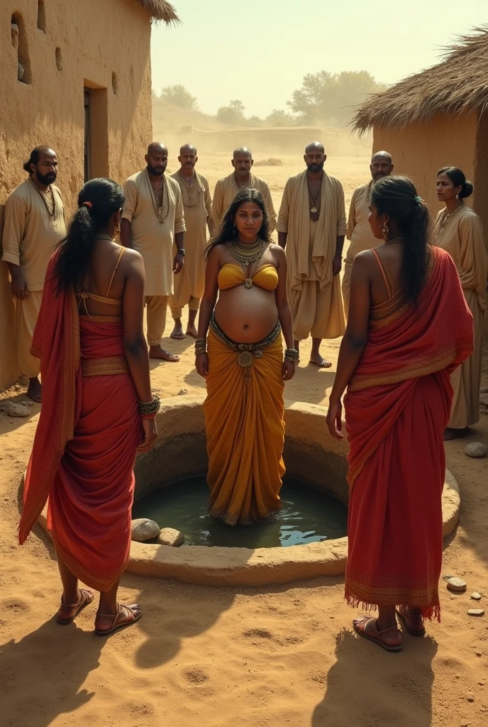 Group of Indian ancient men forcing pregnant women with saree by tying huge stone in her legs into the well