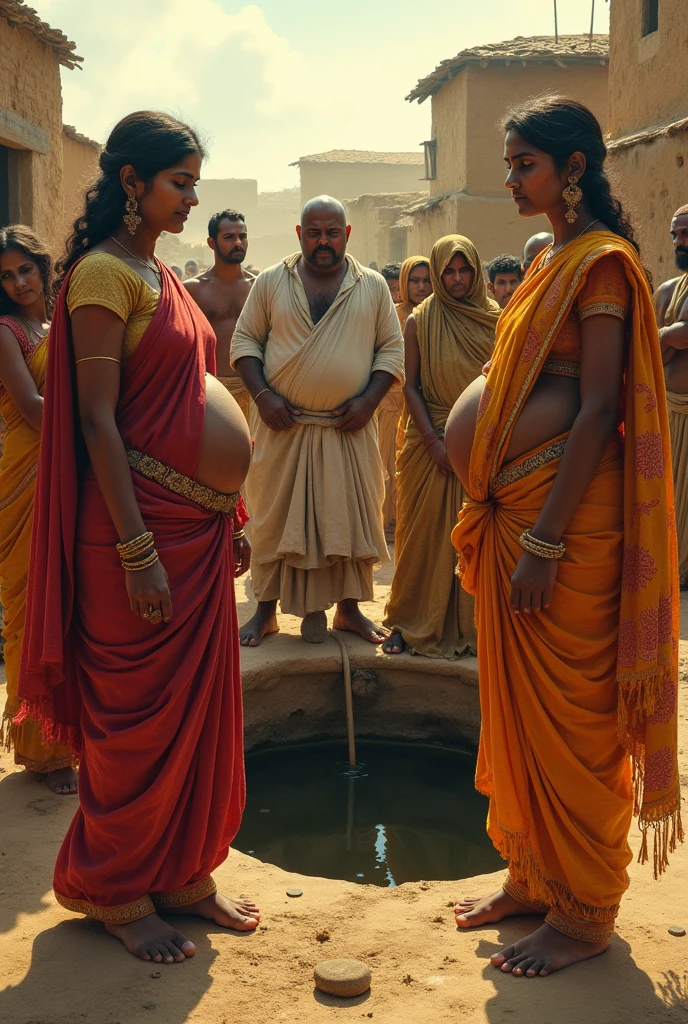 Group of Indian ancient men forcing pregnant women with saree by tying huge stone in her legs into the well