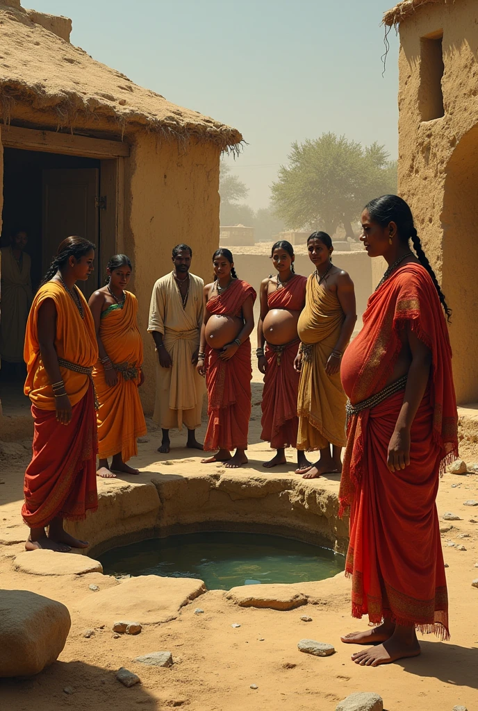 Group of Indian ancient men forcing pregnant women with saree by tying huge stone in her legs into the well