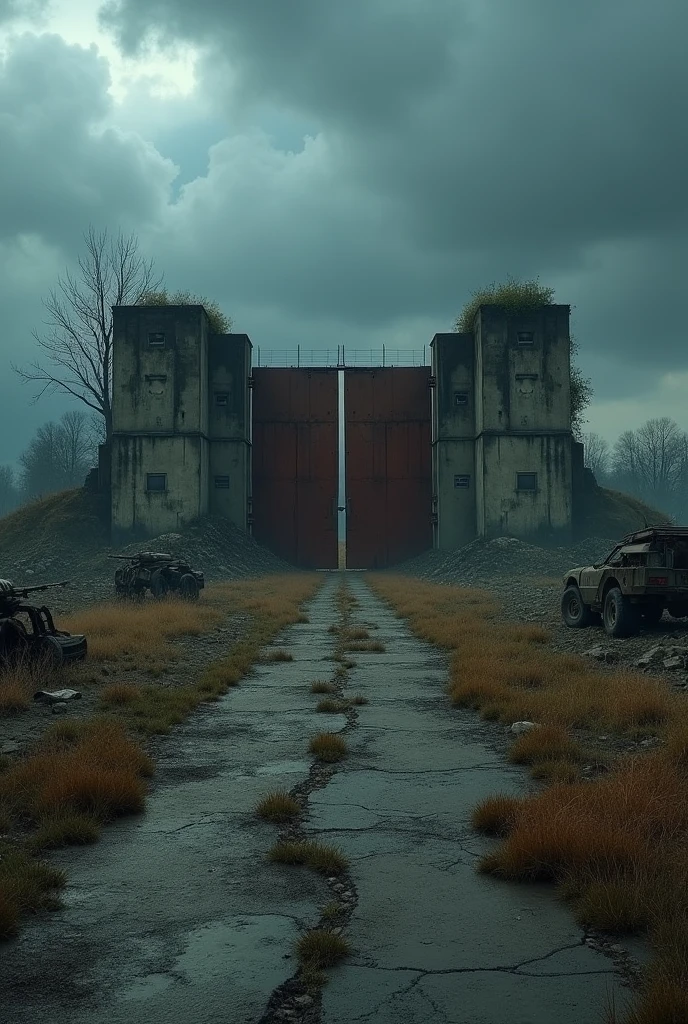 Post-apocalyptic scenario, destroyed military base with a large gate closed 