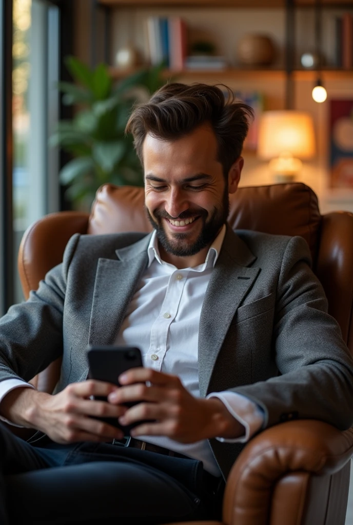 Génère moi une image sur laquelle il Copywriter qui consulte les résultats de ses publications dans son téléphone, il est adossé sur son fauteille en souriant.
Sur l'image on doit lire le texte suivant: « Que je progresse bien. Ce mois je dois ajuster ma stratégie et doubler les efforts, mes followers doivent toujours être satisfais»