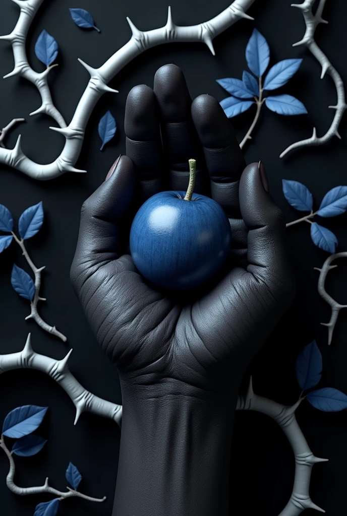 create a 3D image of a black male hand with thick, black veins holding a dark blue fruit. a black background with white thorns and branches and small blue leaves.