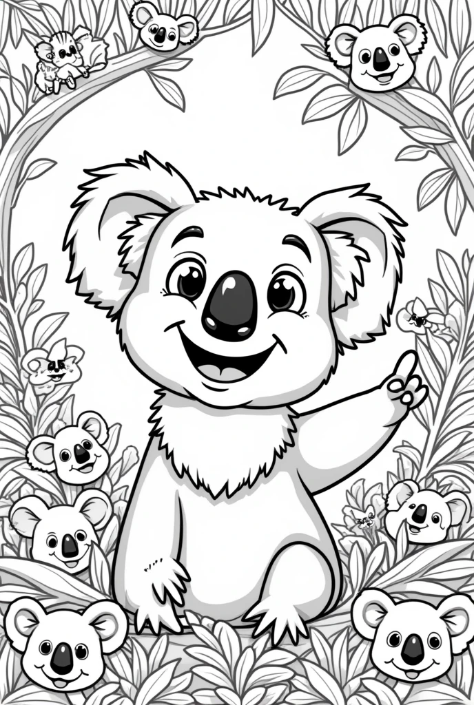 I want a black and white coloring page of a koala with a happy cartoon character face with lots of baby koalas in their natural habitat.