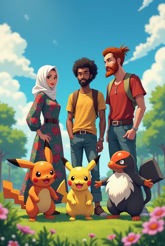 3 friends, 1 Frau, 2 men,
Everyone is a Pokemon trainer, the woman has light skin and hijab with long clothes and brown eyes A man has curly black hair with a full beard and brown eyes and tanned skin The other man has a bald head with a slightly red full beard and light skin with brown eyes