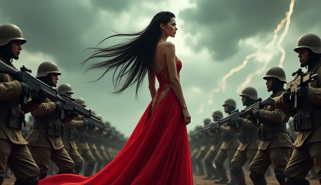  in red dress and with tall black hair is controlling replica soldiers holding assault rifles. The sky is chaotic
