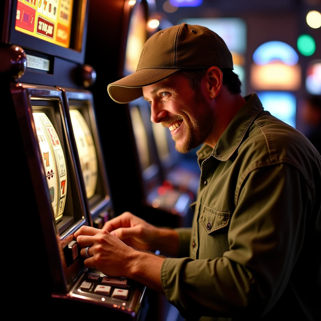 A foolish man wearing a cap plays the slot machine with a grin on his face.