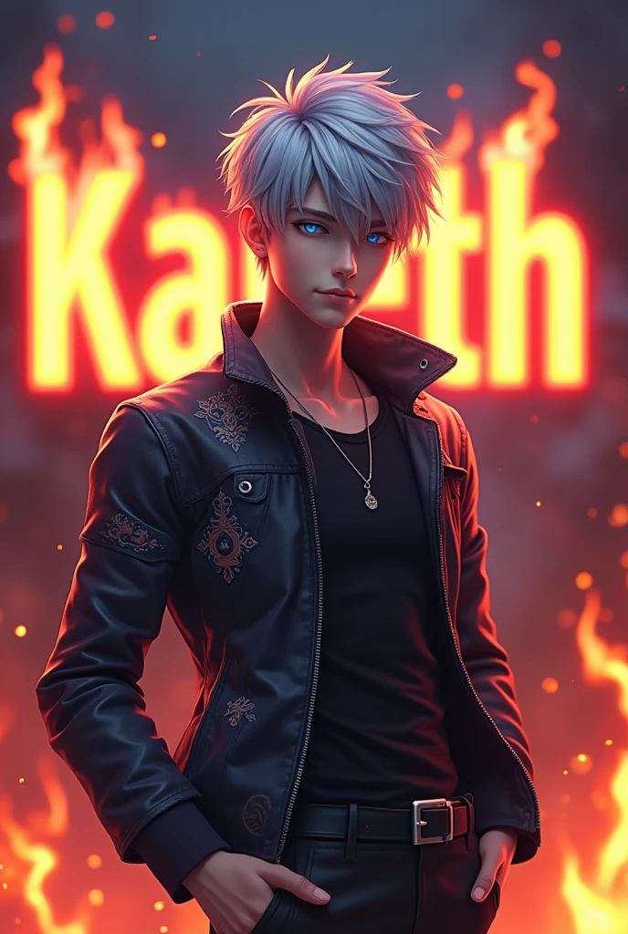 Make me an anime male doll and a background that says Kaleth in 3D and fire letters