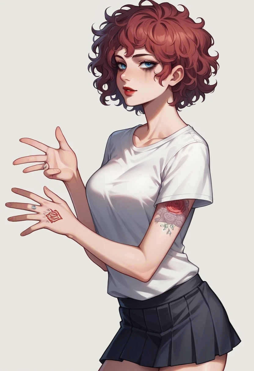 Anime style, 1women, seductive expression, bright red lips, sexy tattoo on hand, neck red head hair, short hair , wavy hair, messy hair, curly hair, beautiful detailed dark eye makeup, beautiful detailed blue eye, white t-shirts, black short flowy skirt, sexy neckline, large neckline