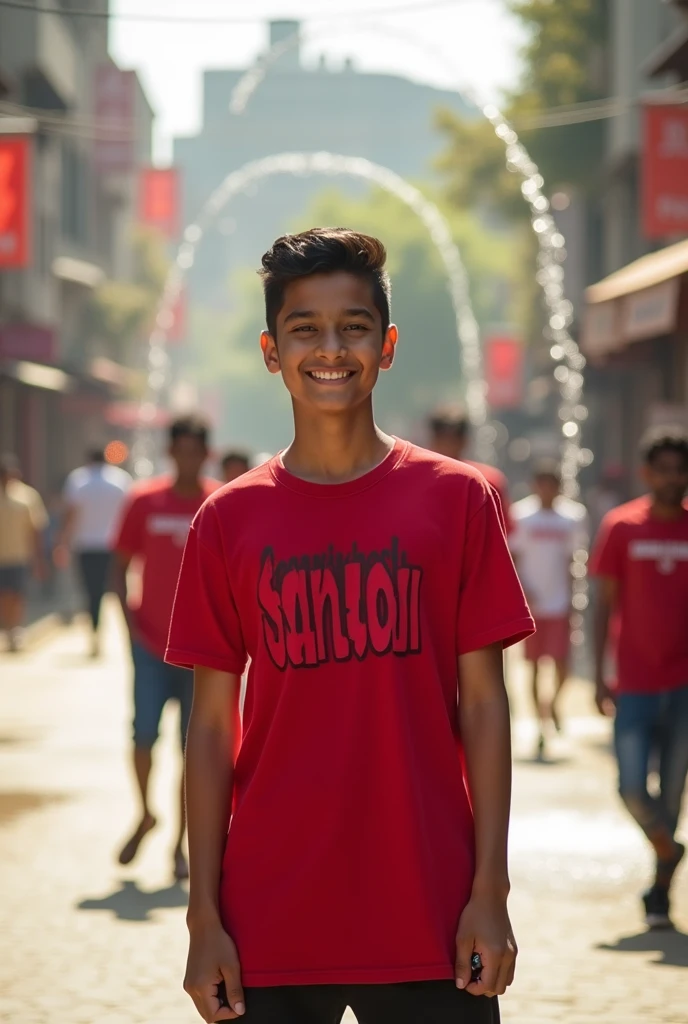 stylish pose. beautiful gira water flow in white, with nikon camera. boy wearing Dark red long t-shirt, Santosh All the boys have different names written on their T-shirts like Prince , Ravi ,Banshi , Ashish , Sanjay He is looking so cute, indian, stylish, and smart, smiling. some boy in back, full road background, 4k high quality