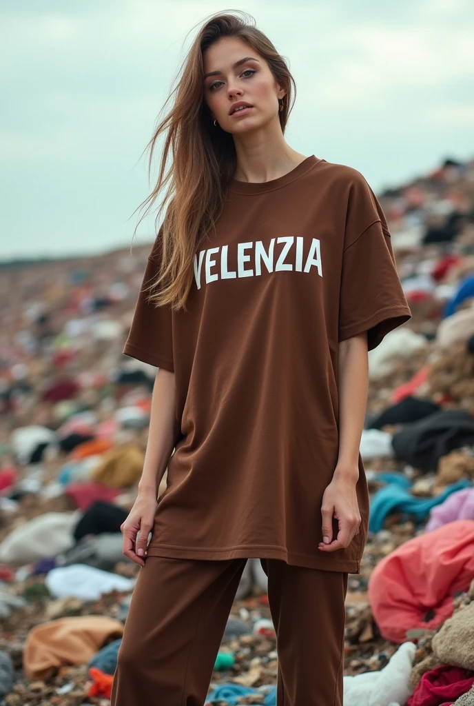 Create a image of a model standing over fast fashion huge wastes arround and wearing a oversized tshirt make up of eco friendly fabric of coffee colour and on the tshirt it's written VELENZIA with white colour make a huge photo 