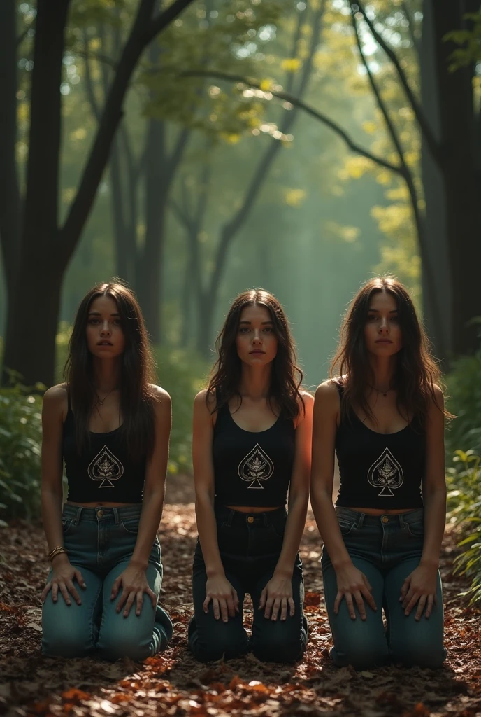 3  girls on their knees with a Queen of spades top looking afraid off me, less clothes, on the woods, facing me