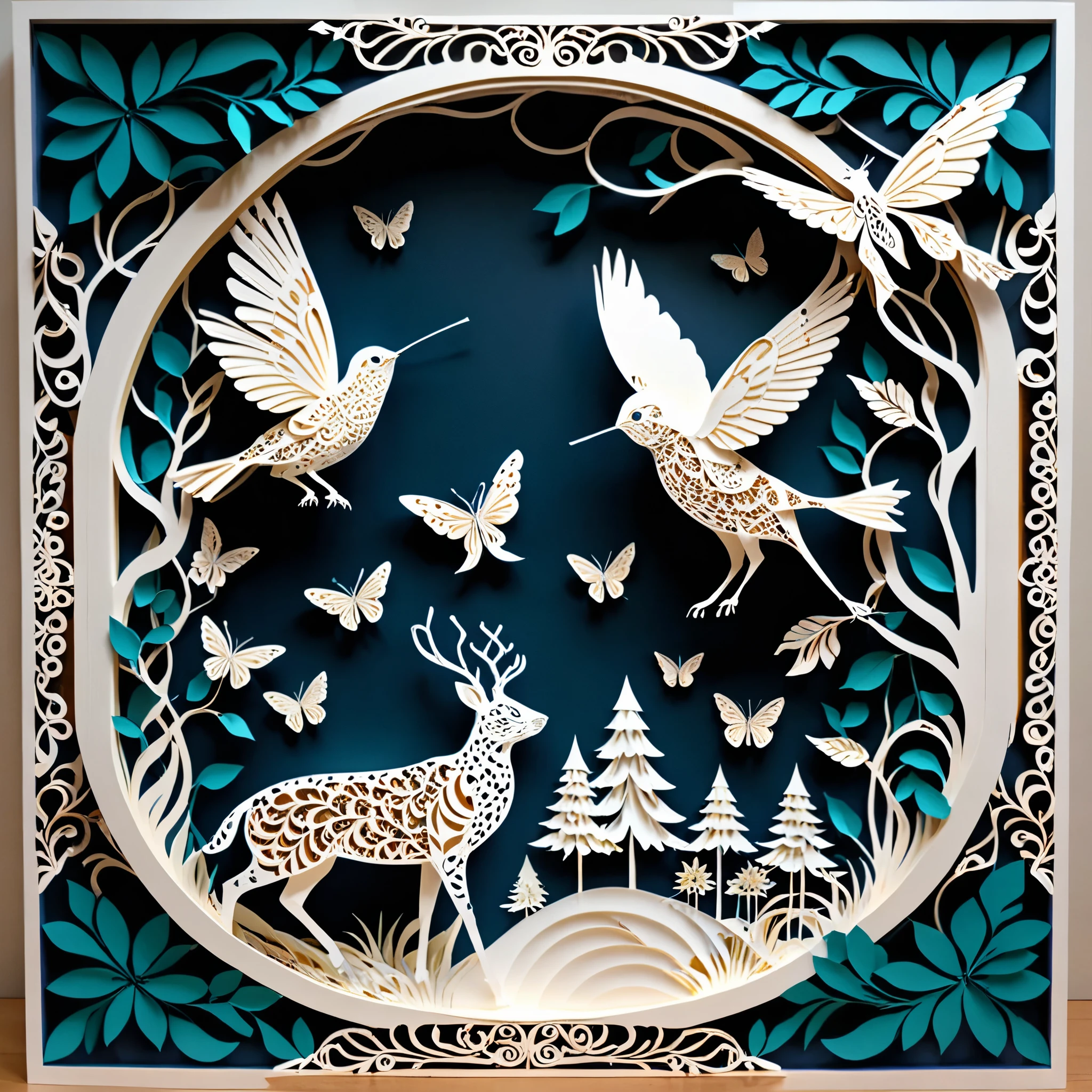 Create a detailed paper cut art representing a scene that combines intricate patterns with various creatures. The scene should include a harmonious blend of elaborate elements, decorative patterns intertwined with animals like birds, AngelT, butterflys, and other creatures. The patterns should complement the shapes and movements of the animals, creating a seamless integration between the natural and the abstract. The artwork should evoke a sense of wonder and complexity, highlighting the beauty and intricacy of the patterns and creatures. The overall mood should be artistic and enchanting, capturing the elegance of nature through detailed design
