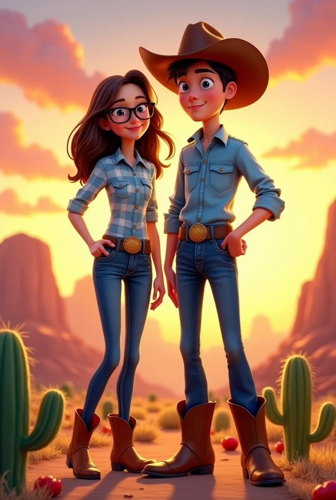 Pixar-style poster of a cowboy couple, the girl with brown hair wearing glasses , with a light blue plaid shirt and blue jeans with brown ankle boots and the boy with black hair and black eyes wearing a blue horse shirt and blue jeans with brown boots