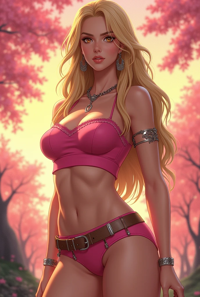Name: lady tsunade
Height: 6'2"
Body Type: Hourglass
Skin Tone: Olive
Hair: blond, thick, and wavy, falling down her back like a waterfall
Eyes: Deep Brown, almond-shaped, and piercing, with thick eyelashes that frame her eyes seductively
Face: Heart-shaped, with high cheekbones, a pointed chin, and a small nose
Lips: Full and plump, painted red, inviting and luscious
Neck: Long and slender, adorned with a delicate silver chain and a tiny pendant
Shoulders: Broad and strong, yet feminine and elegant
Chest: huge with curves that tempt and tease, her cleavage visible in a push-up bra
Waist: Tiny, cinched in, accentuating her curves
Hips: Wide big and round her hips upword
Legs: Long and toned, with a subtle sheen, ending in delicate ankles and small feet
Arms: Toned and slender, with a subtle definition, ending in small hands with long fingers
Nails: Painted red, long and curved, adding to her sultry charm
Style: tsunade exudes confidence and sensuality, her style a mix of elegance and seduction, with a hint of playfulness and mischief.
Pose:
Tsunade showing her big round upword hips her hands on her ass
Dress:
Tsunade wear a pink top showing her in down she wear a rose colour panty.
Around her neck, tsunade wears a delicate, layered necklace with a tiny silver pendant in the shape of a heart. Her ears are adorned with chunky, rustic earrings that resemble miniature spurs.