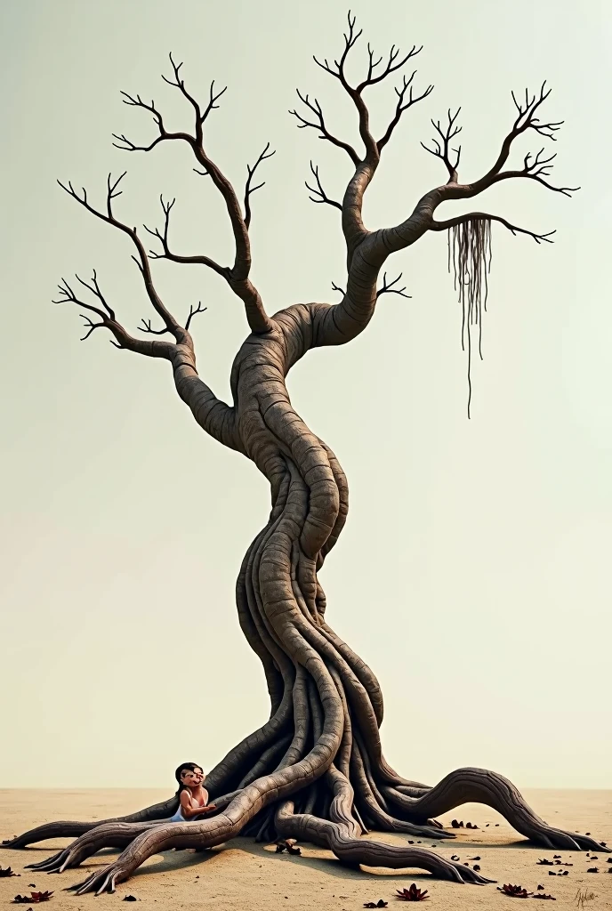 Dry tree with few brown branches, with a couple lying on the trunk