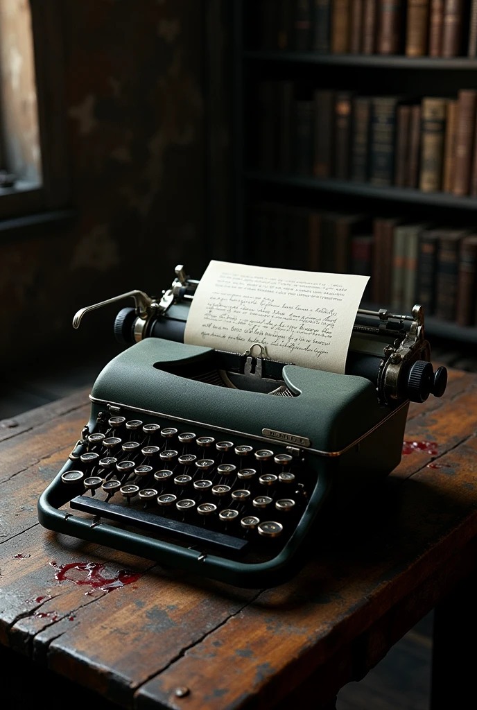 
A typewriter on a wooden desk with a sheet of paper written on with black ink, stained with drops of blood