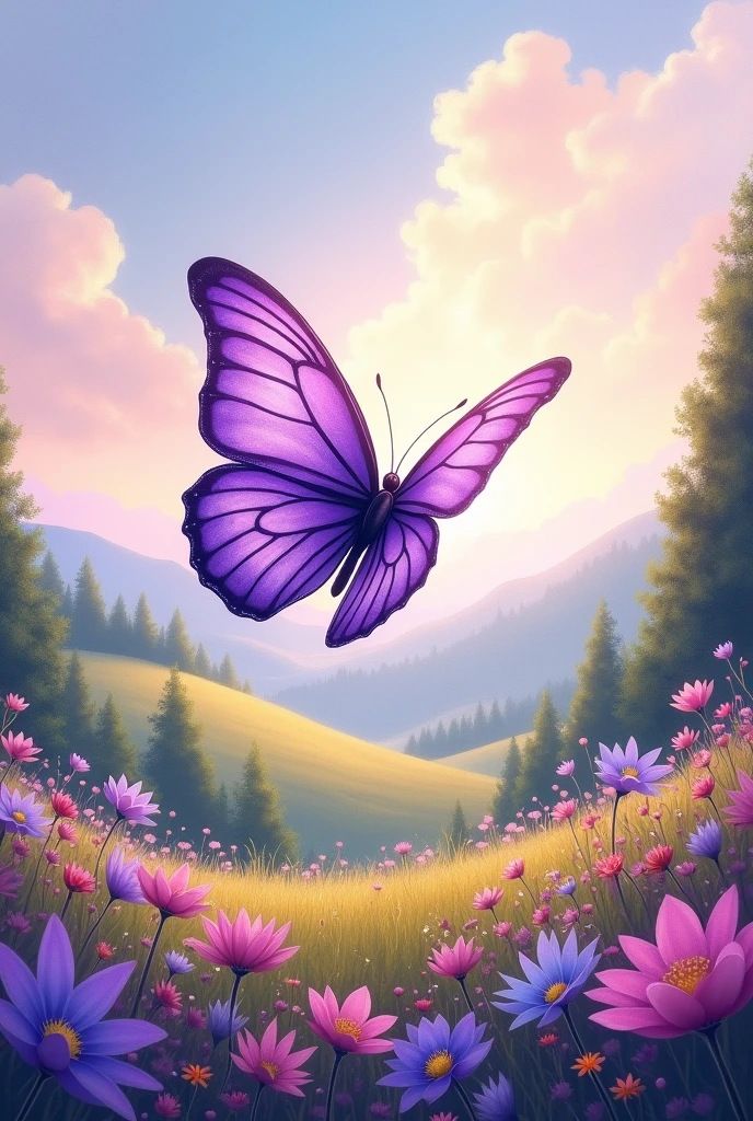 Give me a 3D image of a very beautiful purple watercolor butterfly that is shining and gleaming, flying in a beautiful and incomparable aesthetic landscape 