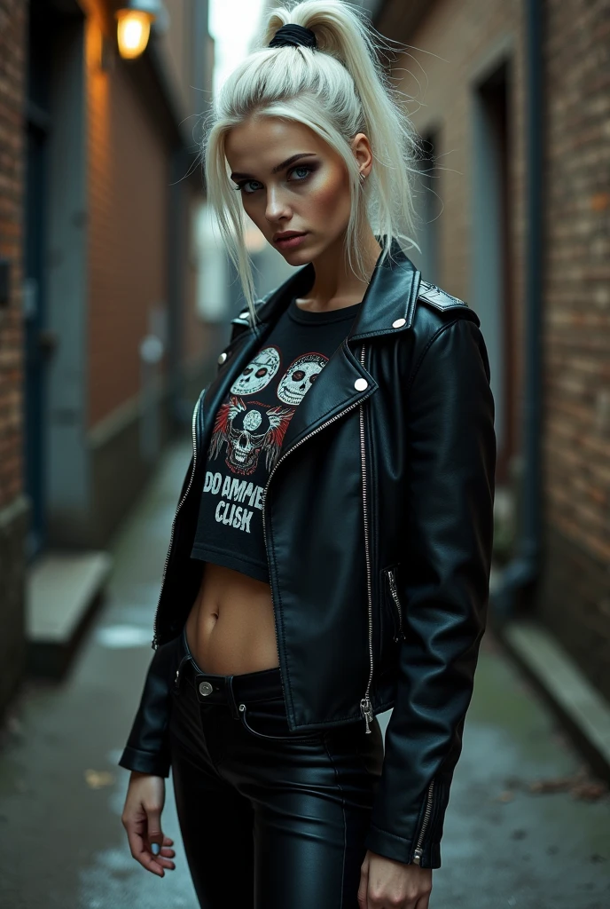 Russian milf, platinum blonde hair in ponytail ,with very light blue eyes, pale, smeared heavy makeup. Wearing black moto jacket, cropped rock t-shirt, black leather jeans and white tennis sneakers. Sad face