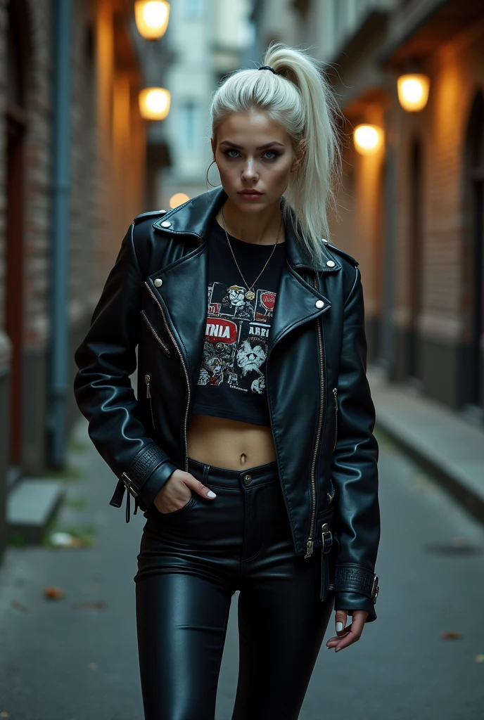 Russian milf, platinum blonde hair in ponytail ,with very light blue eyes, pale, smeared heavy makeup. Wearing black moto jacket, cropped rock t-shirt, black leather jeans and white tennis sneakers. Sad face