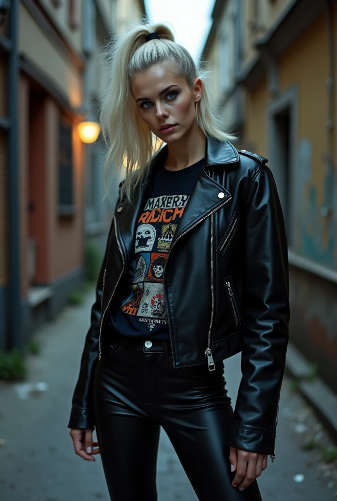 Russian milf, platinum blonde hair in ponytail ,with very light blue eyes, pale, smeared heavy makeup. Wearing black moto jacket, cropped rock t-shirt, black leather jeans and white tennis sneakers. Sad face