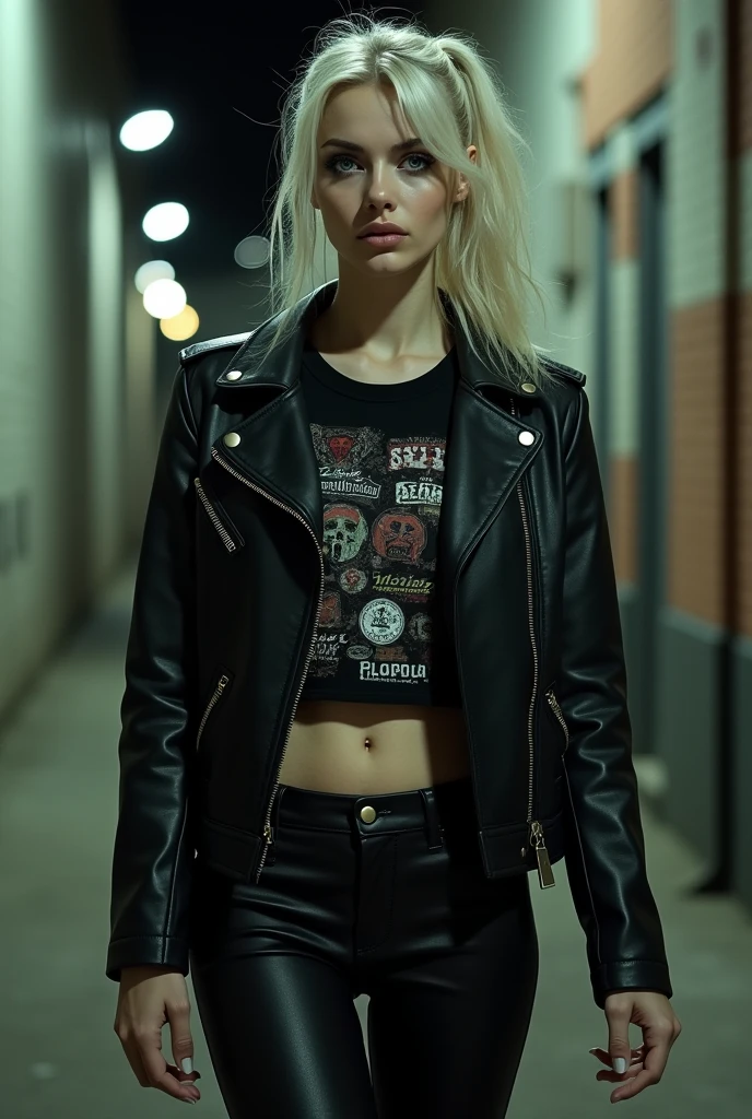 Russian milf, platinum blonde hair in ponytail ,with very light blue eyes, pale, smeared heavy makeup. Wearing black moto jacket, cropped rock t-shirt, black leather jeans and white tennis sneakers. Sad face