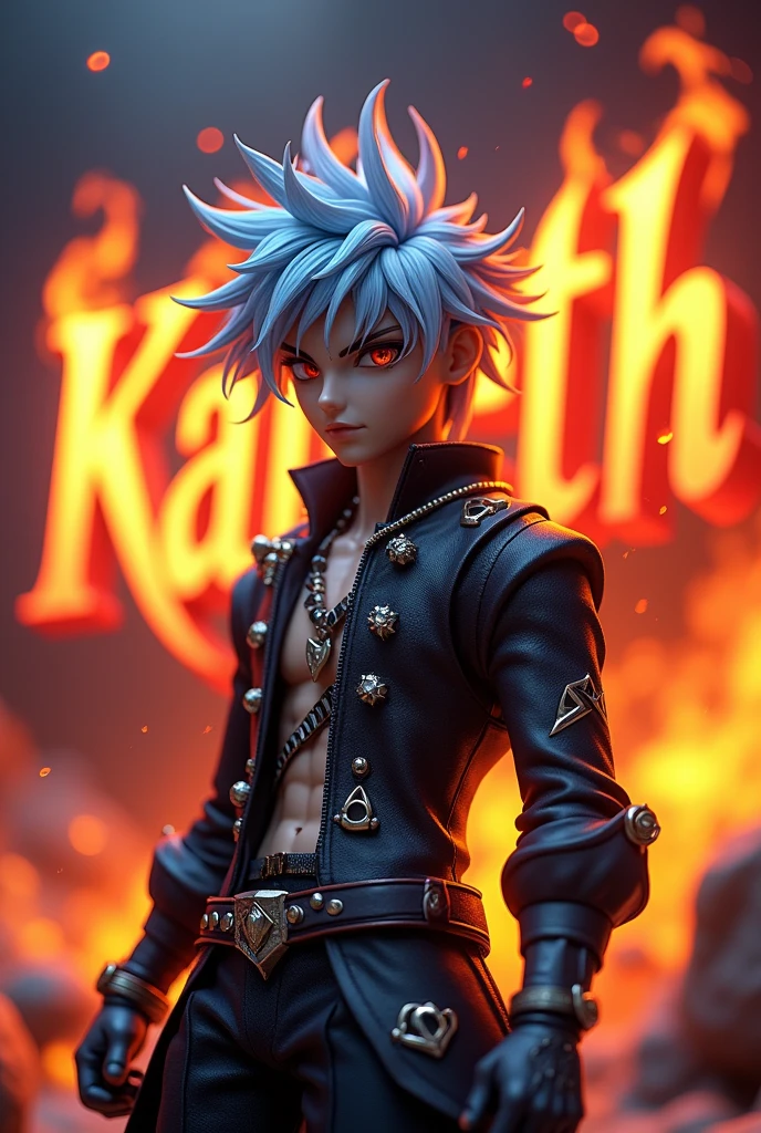Make me an anime male doll and a background that says Kaleth in 3D and fire letters 
