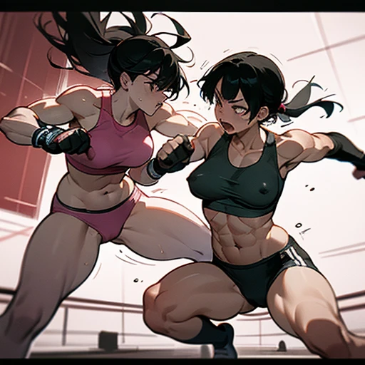 A fierce exchange of punches and kicks. they are beating each other so hard. two bloody beautiful Japanese female heavyweight fighters are looking at each eyes. survival battle. dynamic exciting action in the octagon fighting ring. whole body picture. they are covered in scars and bruises. they are damaged terribry. Short-cut black hair, out of breath, drooling from mouth, one eye closed, exhausted, drenched in sweat. Erect nipples. open finger glove. Ragged white and pink sports bra, high leg panty, Stockings. armwarmers. Whittled waistline, Muscular, six pack abs, very thick arms and thighs, super huge tits.
