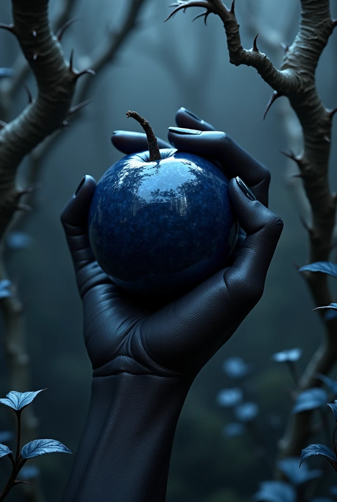 create a 3D image of a black male hand with thick, black veins holding a dark blue fruit. a black background with white thorns and branches and small blue leaves in a forest