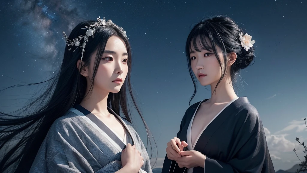 A delicate and lovely ancient goddess with rous black hair. She wears a kimono and a simple silver hair mixture. The background is a fantastic and ethereal night sky, as if possessed by a specter. Her expression is stern and atmospheric.