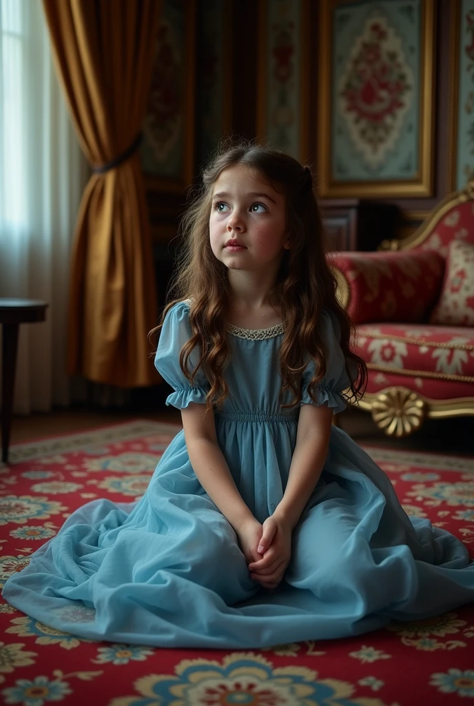 A with brown hair, freckles on her face, age eight, wearing a blue dress, curled up on the floor of a luxurious room, dimly lit, with a sad expression and tears in her eyes.
