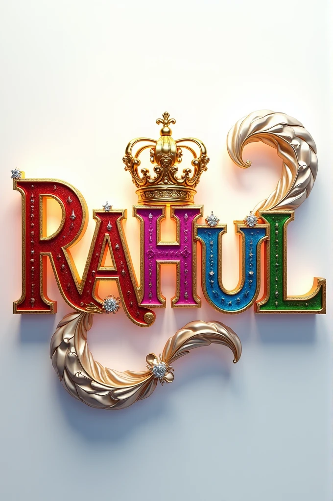 A mesmerizing 3D digital art masterpiece that captivates the viewer with its intricate design. The name,, RAHUL,, is prominently displayed in a striking font, adorned with a luxurious golden crown. A flowing feather gracefully follows behind, adding to the design's visual appeal. The name glows in vibrant colors such as gold, red, deep blue, pink, green, and purple, enhancing its breathtaking beauty. Warm silver lighting illuminates the design, creating depth and dimension, and delicate diamonds are strategically placed for added glamour. The pristine white background highlights the name, transforming the design into a truly fascinating piece. With its cinematicposter-like quality, this extraordinary work of art masterfully blends elements of dark fantasy, and 3D rendering, typography, and 3D rendering., architecture, typography