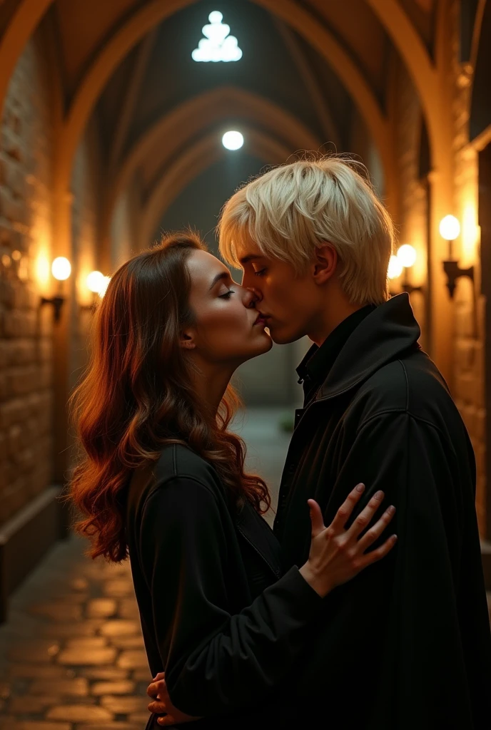 A girl with hair, chestnuts, lisses et mi-longs embrassant Draco Malfoy. Both people are teenagers