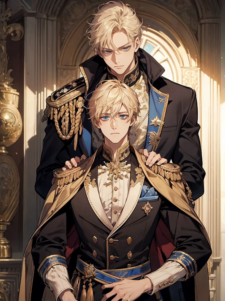 ((Highest quality)), ((masterpiece)), (detailed),Golden shiny hair、Straight Short Hair、Deep blue jewel eyes、The Unfriendly Prince、Stern face、noble、Prince-like attire、One person、adult、Tall and muscular、One personで