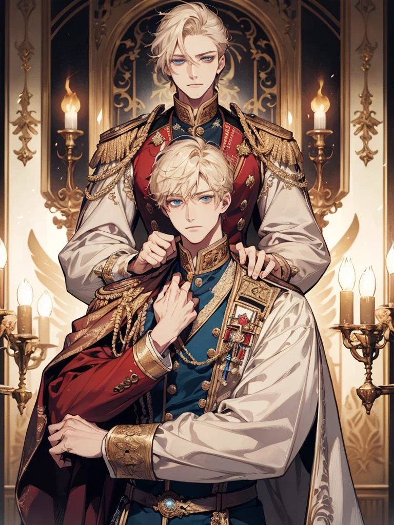 ((Highest quality)), ((masterpiece)), (detailed),Golden shiny hair、Straight Short Hair、Deep blue jewel eyes、The Unfriendly Prince、Stern face、noble、Prince-like attire、One person、adult、Tall and muscular、One personで