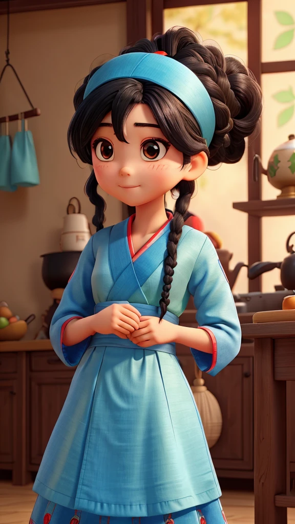 A Korean girl. Black hair is tightly tied in a bun on the top of her head, the rest of her hair falls over her shoulders. different colored eyes: green and blue. Red Hanbok. Red threads in her hands.