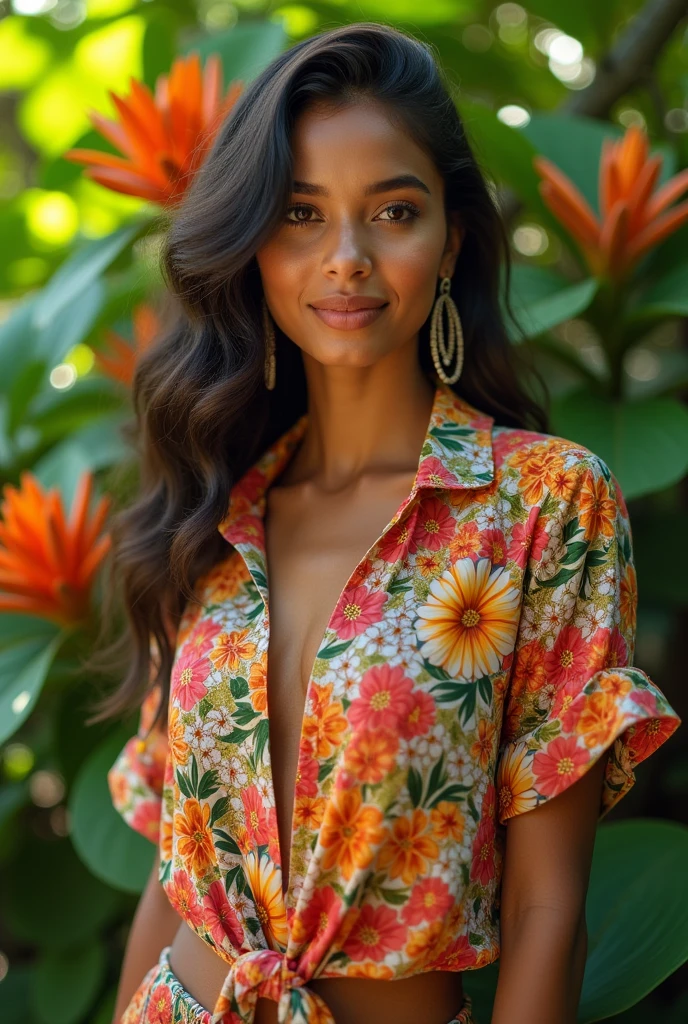 A Brazilian woman in a lush tropical garden, wearing an open shirt with a floral print, with a close-up capturing the harmonious beauty between her breasts and the natural flowers, showing off your natural charm and outgoing personality.